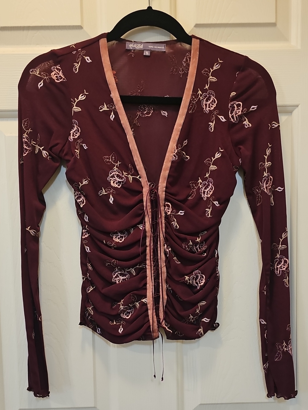 Halé Bob Burgundy Floral Ruched Drawstring Long-Sleeve Top